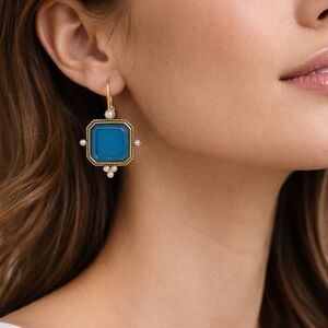 Vintage Style Blue Stone & Pearl Gold Drop Earrings | 1" Statement